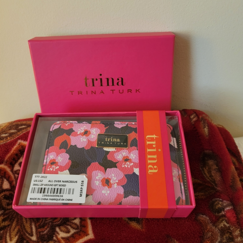Trina Turk small zip around wallet. NWT with gift box. All over Narcissus design